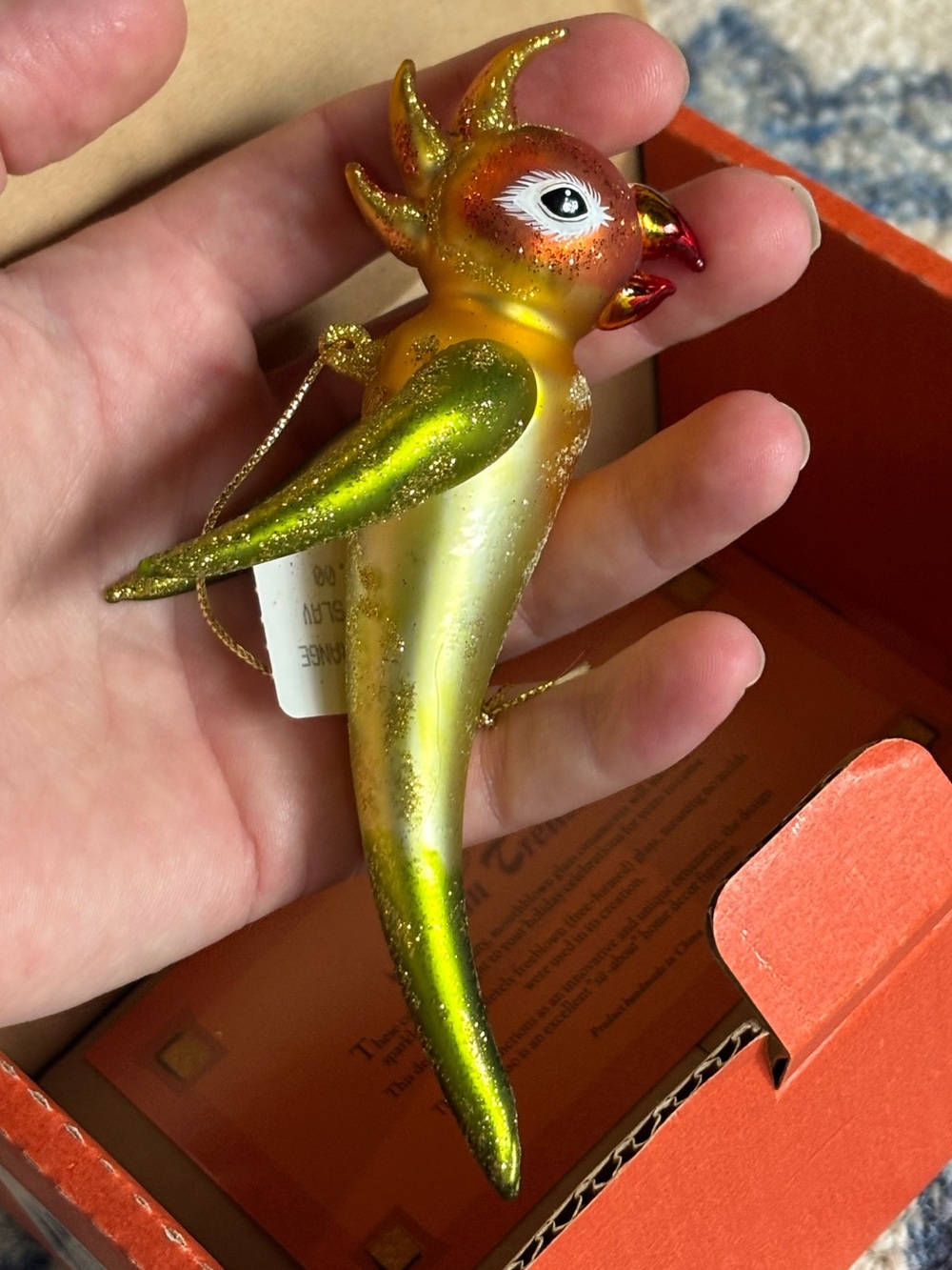 Asian Treasures “Polly” orange parrot blown glass vintage Christmas ornament